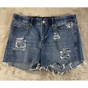 Levis 525 Perfect Waist Shorts Jorts Womens 12 32x3 Blue Distressed Denim Cutoff